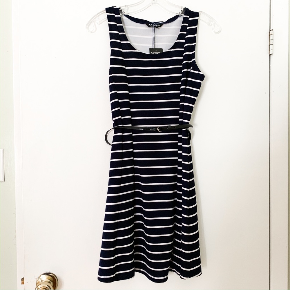 Blue & White Summer A Shape Dress with Black Belt